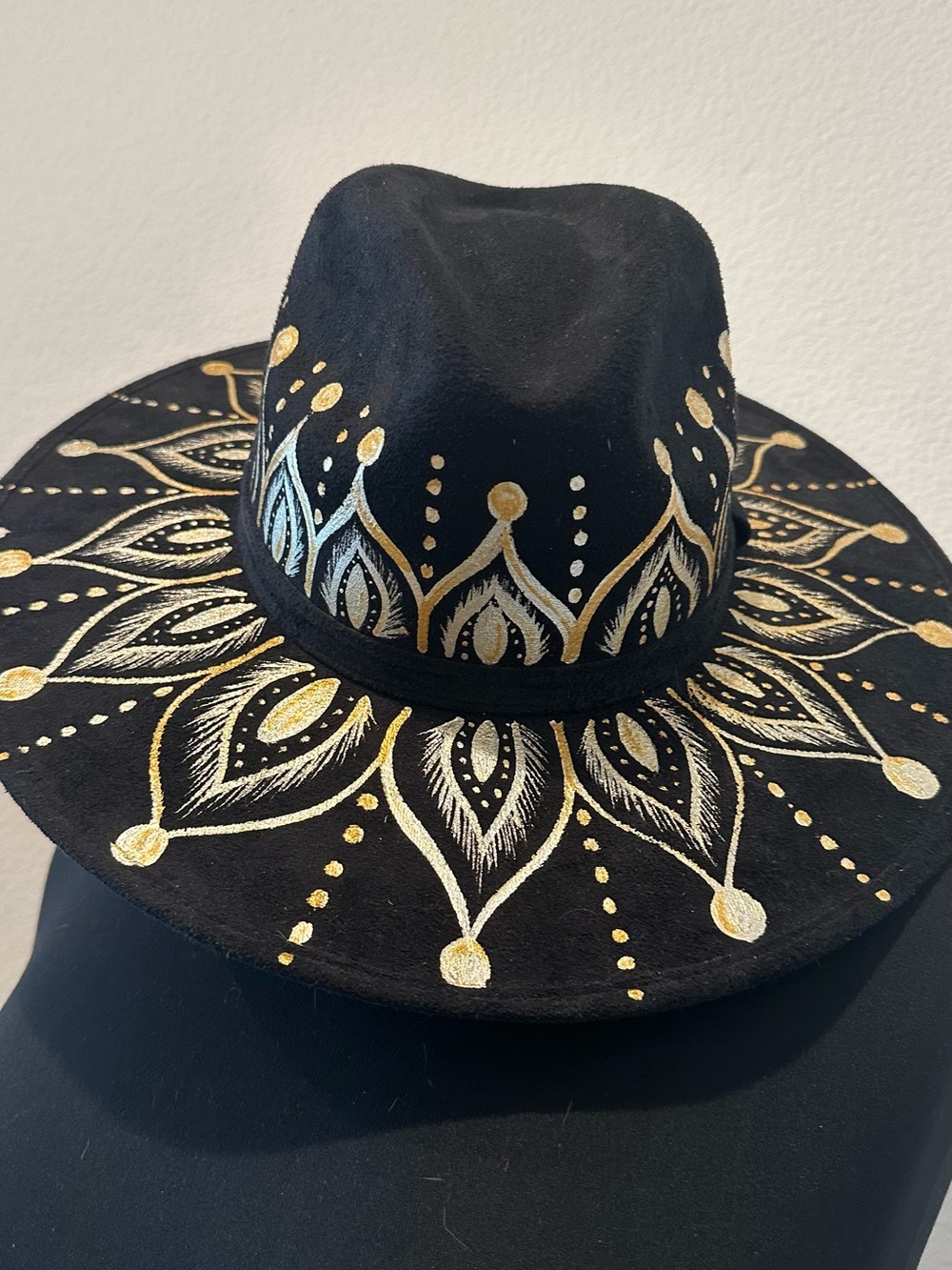 Black Wide-Brim Fedora with Gold Hand-Painted Motif